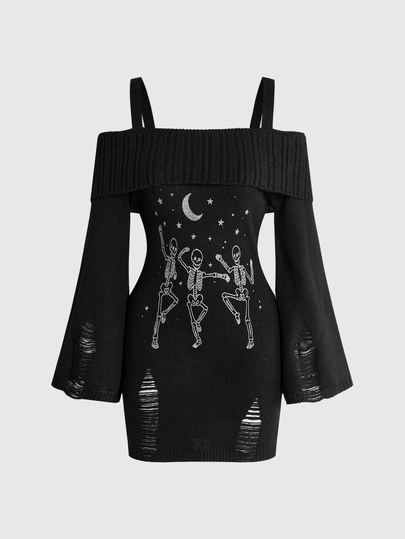 ROMWE Avant Women's Spaghetti Strap Knit Dress, Christmas Dark Vintage Style, Holiday Atmosphere,Halloween