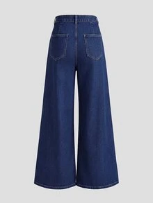 Elenzga Celana Panjang Denim Biru Tua Wanita Serbaguna untuk Semua Musim, Motif Kancing, Banyak Saku, Potongan Lebar - Dark Wash - View 2