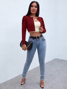 SHEIN PETITE 秋冬款泡泡袖前開襟短版夾克 - 酒紅色 - 查看 4
