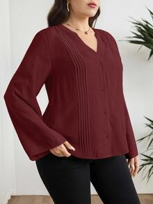 Modelyn Plus Size Women Solid Color Rolled Sleeve Notch V-Neck Blouse - Burgundy - View 6