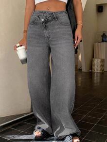 Dazy Plus Korean Style Low Waist Asymmetric Waistband Straight Leg Denim Jeans - Grey - View 5