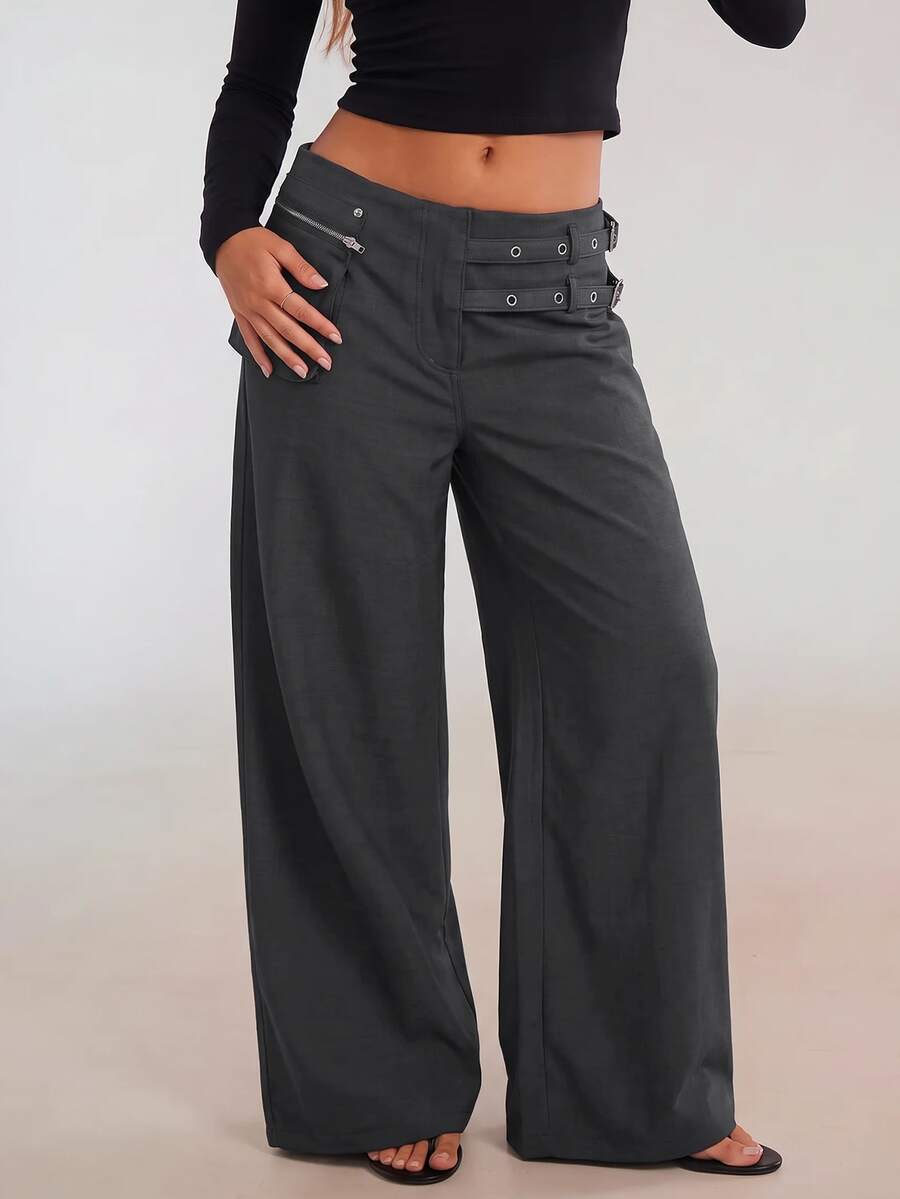 Avantive Women's Casual Commute Solid Color Low Waist Loose Long Pants - Grey - View 1