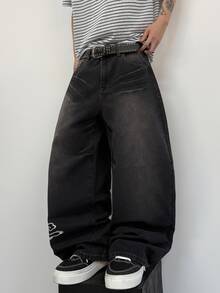 STEELVANCE 男士街頭風復古時尚百搭做舊水洗虎頭刺繡寬鬆寬腿休閒牛仔褲（不含腰帶與配件） - 黑色 - 查看 7