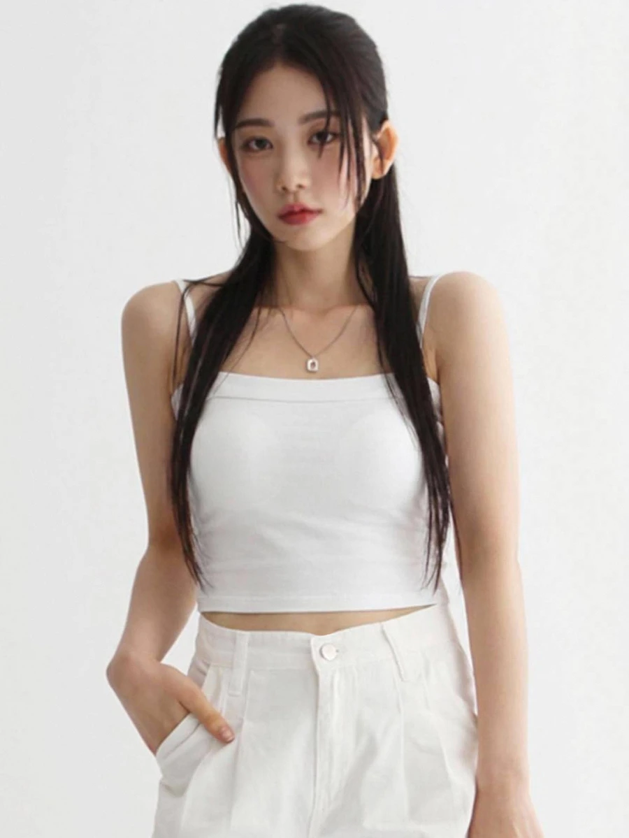 DAZY 女款休閒百搭純色短版內墊胸墊細肩帶背心 - 白色 - 查看 1