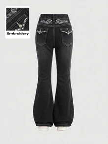 SHEIN Girlism 青少年女孩休閒水洗翅膀刺繡水鑽裝飾喇叭牛仔褲 - 黑色 - 查看 1