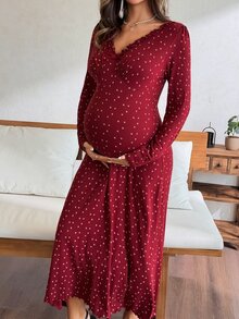 DAZY Floral Print Ruched Ruffle Trim Fitted Elastic Long Sleeve V-Neck Casual Vacation Sexy Home Daily Spring Autumn Maternity Dress - Red - View 5