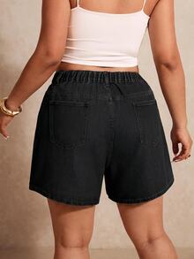 Elaquor Plus Size Fashion Rhinestone Button Pocket Black And White Shorts Formal Club Summer Casual Baggy - Black - View 5