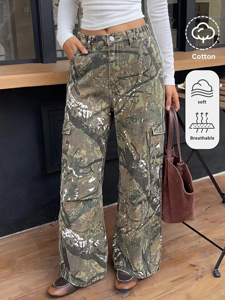 SHEIN Teen Girls Camouflage Denim Loose Fit Long Pants Fall Winter 2026 Cute Y2k Versatile Halloween New Year - Army Green - View 1