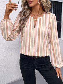 SHEIN LUNE 休閒簡約女款條紋V領長袖襯衫，適合春秋穿著 - 彩色 - 查看 4