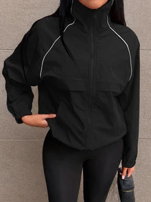 SHEIN SXY Jaket Kasual Musim Gugur dengan Trim Blok Warna dan Resleting - Hitam - View 3
