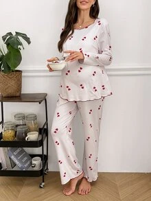 Moonlight&Mama Striped Heart Print Contrast Color Ruffle Trim Pullover Nursing Long Sleeve Top And Pants Maternity Pajama Set, Casual Home Wear - Multicolor - View 5