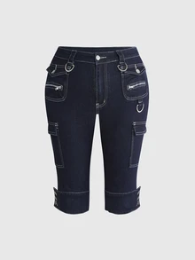 ROMWE Y2K Retro 7/10 Length Pants With Pocket Decor, Versatile Casual Stretch - Blue - View 5