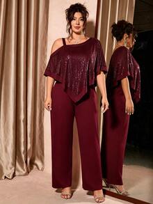 Cravure Plus Size Women's 2 Pieces Set With Sequin Patchwork Asymmetrical Top And Casual Long Pants, Cold Shoulder Vintage Commute Elegant Lady Intellectual Vacation Party Outfit - Burgundy - View 6