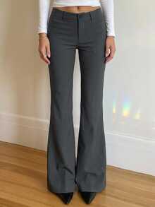 Livesso Women's Solid Color Waist Button Design Flared Elegant Suit Pants Fall - Grey - View 1