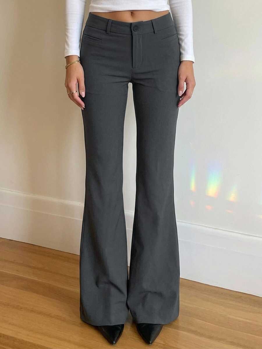 Livesso Women's Solid Color Waist Button Design Flared Elegant Suit Pants Fall - Grey - View 1