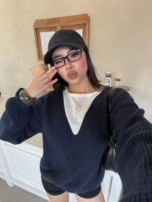 DAZY Women's Fall Navy And White V-Neck Long Sleeve 2 In 1 Colorblock Patchwork Loose Layered Casual Preppy Streetwear Daily Knit Sweater Commuting Brunch Winter - Navy Blue - View 1