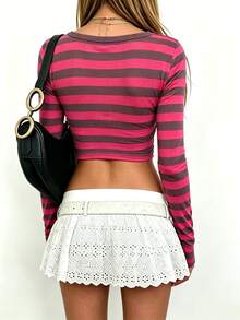 Sundraya Women's Striped Front Tie Long Sleeve Cropped Sexy Top - Multicolor - View 2