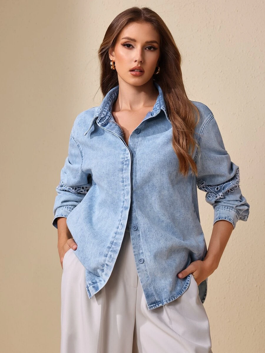 Selenza Women's Casual Elegant Embroidered Light Color Denim Top For Commute And Date - Light Wash - View 1