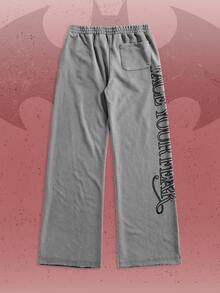 Batman X ROMWE Distressed Washed Knit Street Letter Print Casual Women's Sweatpants, Autumn/Winter - Light Grey - View 2