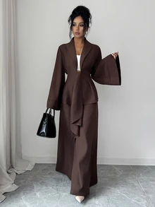Elenzga Elegant Commute Bell Sleeve Waist-Cinching Blazer & Wide Leg Pants Suit Set - Brown - View 4