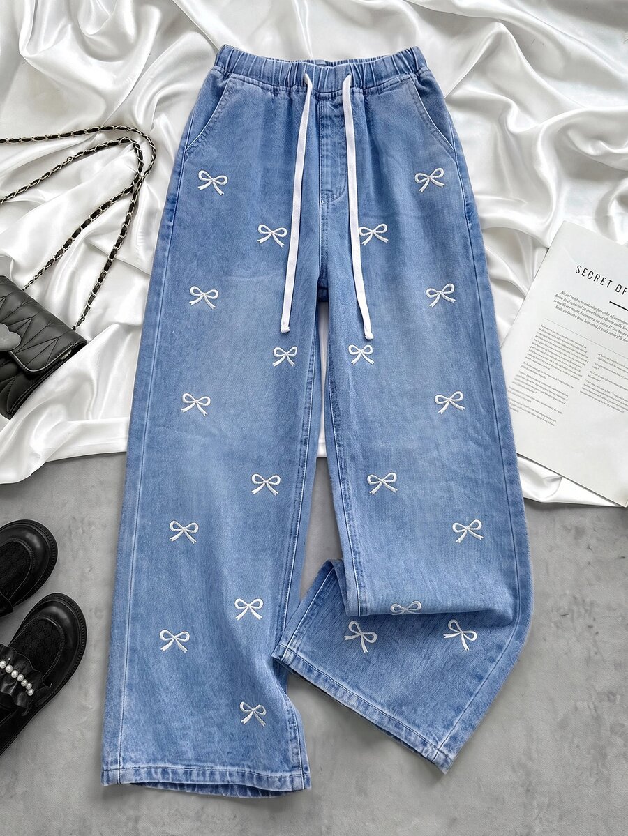 SHEIN Tween Girl Bow Embroidery Pattern Blue Denim Loose Fit Long Pants - Blue - View 1