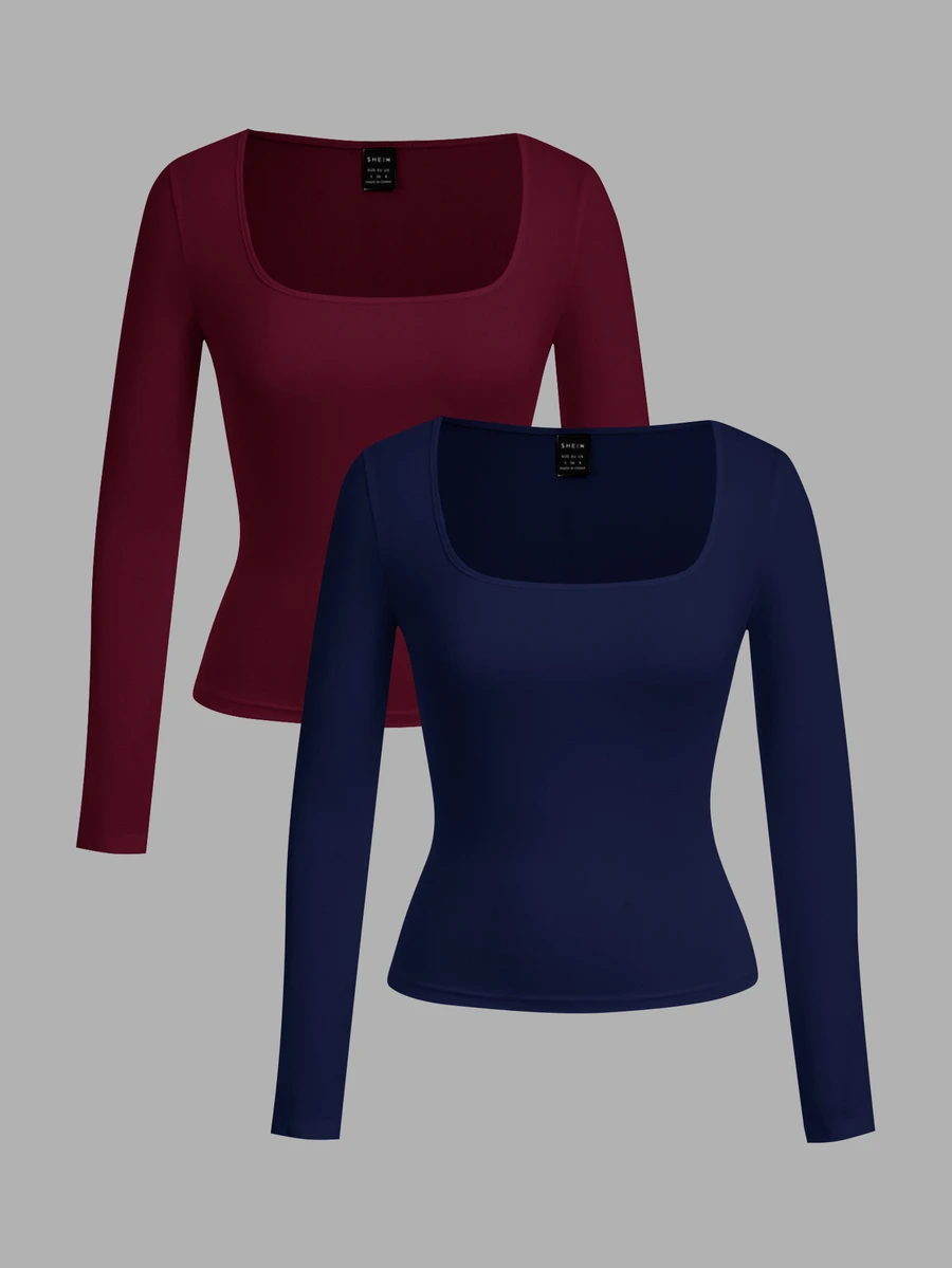 SHEIN EZwear 女款 2 件組 方領修身長袖休閒 T 恤連身衣套裝 - 彩色 - 查看 1
