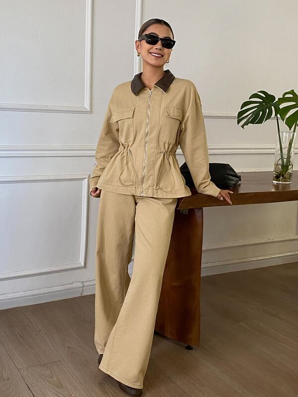 Strévra Women's Autumn Casual Drawstring Waist Jacket & Denim Pants Set