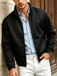 Manfinity Homme جاكيت رجالي بلون موحد بياقة واقفة وأكمام طويلة مع سحاب وجيب - الأسود - مشاهدة 3