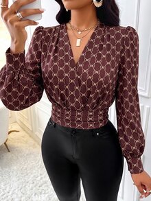 SOLERSUN 女款優雅時尚長袖辦公晚餐襯衫，修身剪裁，休閒上衣，職場必備，酒紅色秋季款 - 咖啡棕 - 查看 6