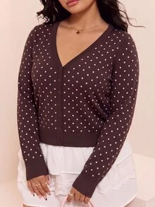 CovetEZ 女童新款粉色圓點V領長袖休閒大尺碼針織毛衣 - 棕色 - 查看 9