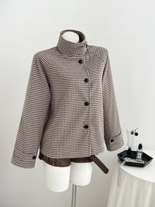 Elamini Women's Autumn New Vintage Slimming Flattering Casual Versatile Chic Premium Houndstooth Brown Overcoat - Brown - View 4