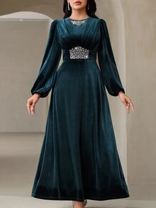 Veilorie فستان حفلة فاخر أنيق جديد مزين بالراينستون الثقيل بتصميم خصر مشدود وطيات أنيقة - أخضر داكن - مشاهدة 3