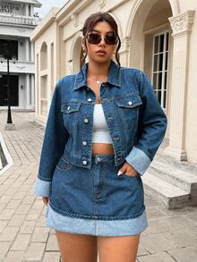 SHEIN ICON Plus Size Women's Casual Daily Pocket Button Half-Length Skirt - Medium Wash - View 7