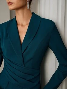 ZEYLAH Elegant Commuter Blazer Collar Dress - Teal Blue - View 2