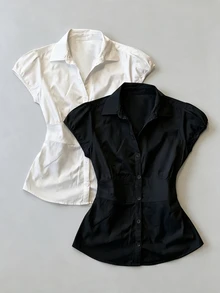 IslaSuriya Plus Size Women Solid Color Short Sleeve Single-Breasted Casual Shirt - Black and White - View 3