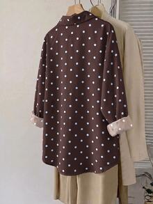 SHEIN LUNE Camisa de talla grande versátil con estampado de lunares y abotonadura sencilla - Multicolor - Ver 2