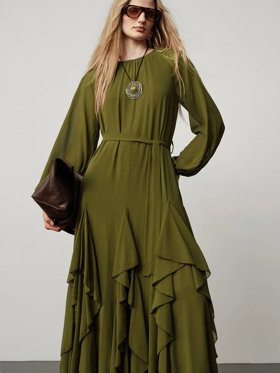 Aveloria Modichic Fall Olive Green Solid Chiffon Round Neck Long Sleeve Dress With Waist Belt Cinched Layered Ruffle Hem Elegant French Party Cocktail Brunch Dinner