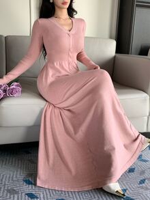 DAZY Women's Sweet Button Waist Long Sleeve Sweater Dress For Dating Fall - Pink - View 1