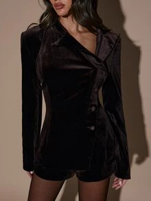 SHEIN BAE Women's Solid Color Asymmetric Placket Long Sleeve Elegant Blazer - Brown - View 7