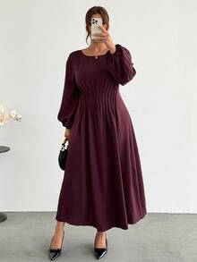 Firerie Plus Size Vintage Fashion Ruched Waist Long Sleeve Dress - Red Violet - View 7