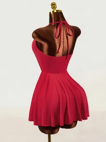 Mistrie Women's Halter Neck Deep V-Neck Solid Color Sexy Dress - Red - View 4
