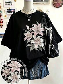 Lalippa Women's Plus Size Loose Short Sleeve T-Shirt With Round Neck, Floral Heat Transfer Print And Faux Rhinestone Decor, Casual Daily Wear - Multicolor - View 1