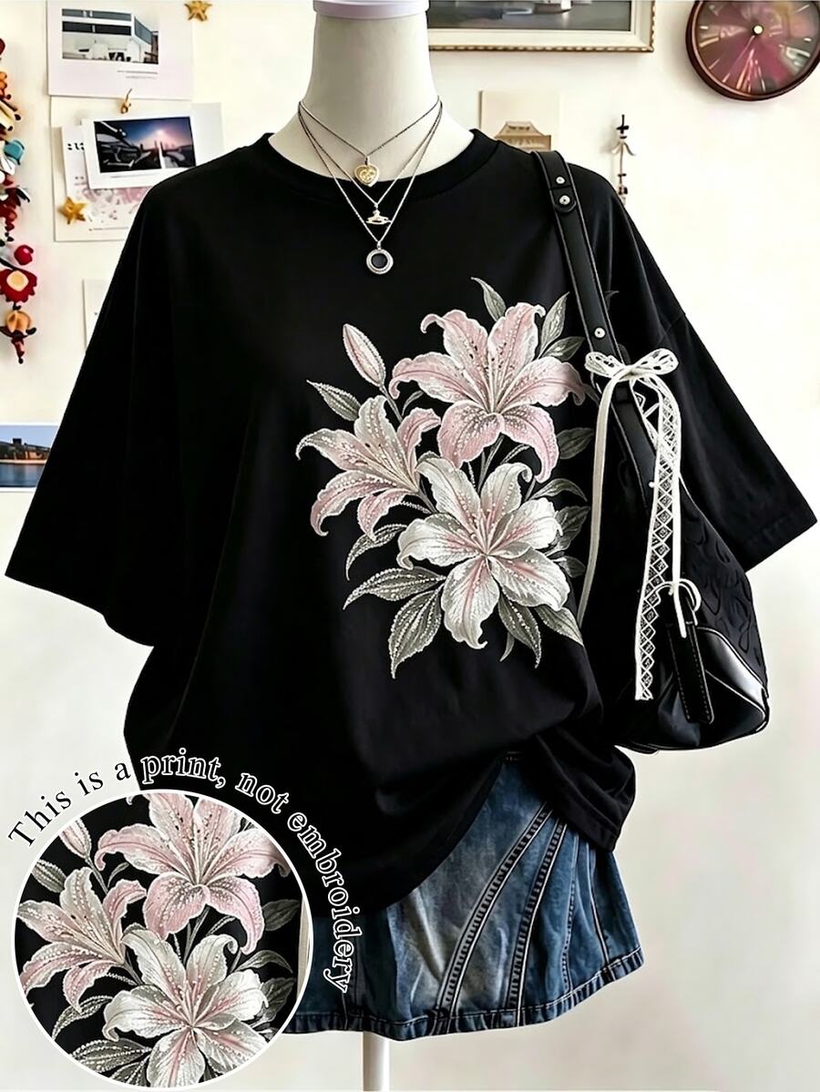 Lalippa Women's Plus Size Loose Short Sleeve T-Shirt With Round Neck, Floral Heat Transfer Print And Faux Rhinestone Decor, Casual Daily Wear - Multicolor - View 1
