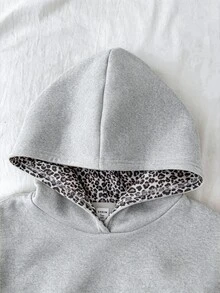 SHEIN 青少年女孩豹紋英文字母連帽寬鬆休閒衛衣 - 灰色 - 查看 6