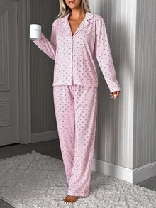 SHEIN Pink Heart Print Striped Button Front Casual Pajama Set - Pink - View 3