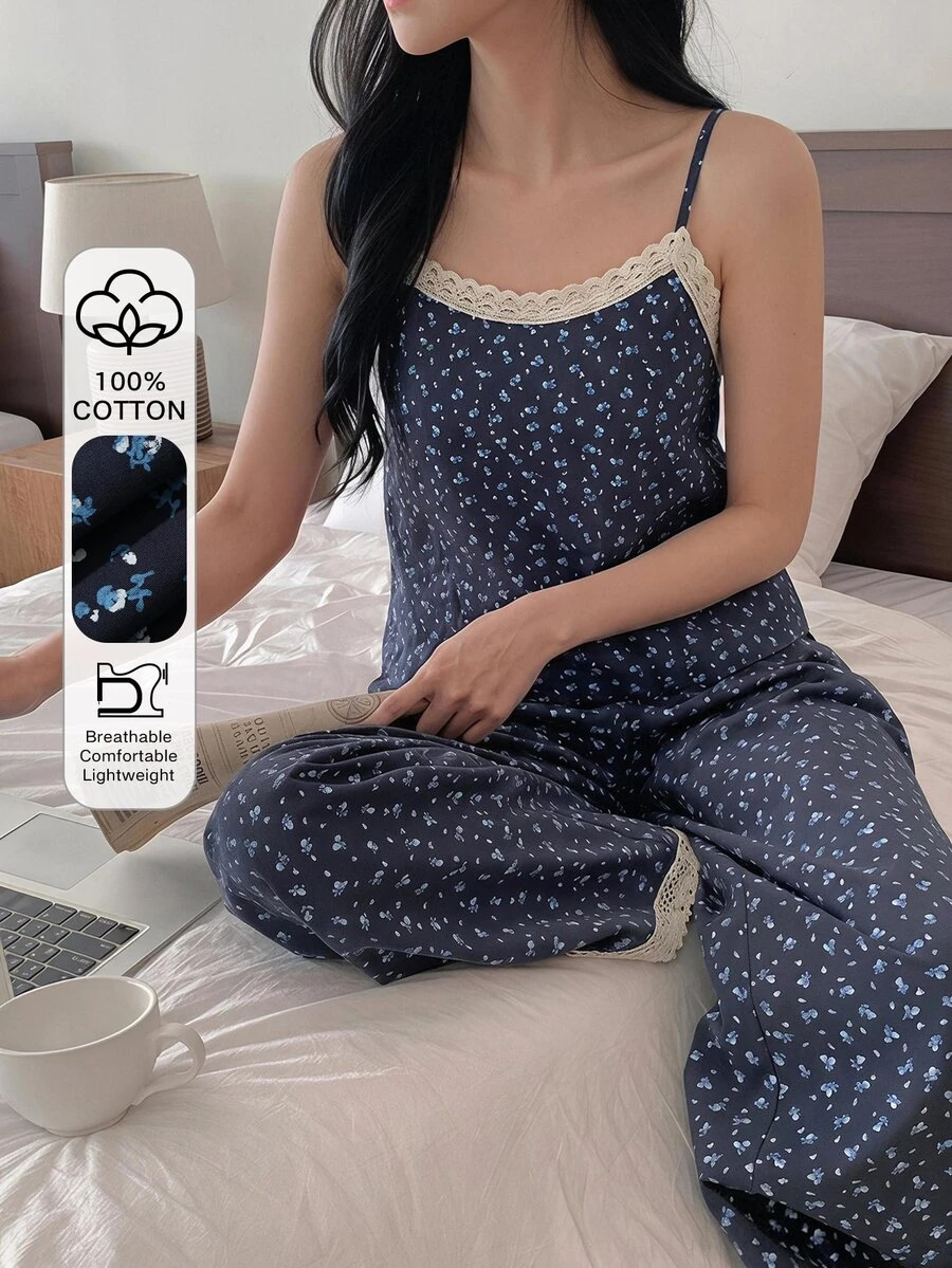 DAZY 2件組碎花拼接配色短袖T恤與長款睡褲套裝,夏季女款睡衣 - 藏蓝色 - 查看 1