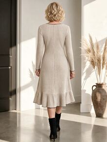 Miaspire Women's Long Sleeve Dress With Ruffle Hem For Middle-Aged And Elderly - Apricot - View 2