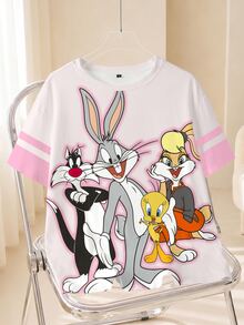 LOONEY TUNES X SHEIN 大尺碼夏季休閒卡通印花T恤 - 白色 - 查看 1
