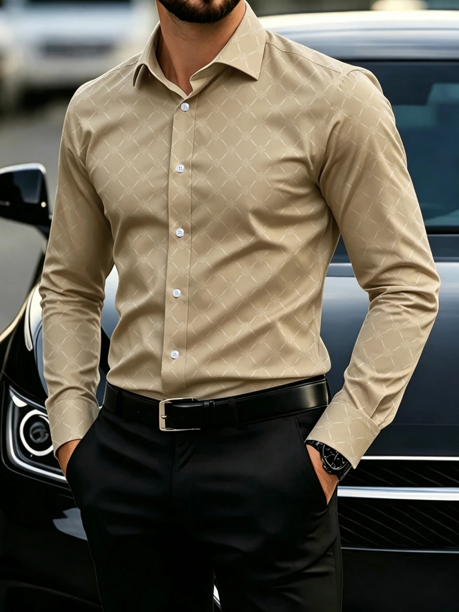 Manfinity Mode Men's Black Button Down Long Sleeve Slim Fit Business Formal Dress Shirt,Long Sleeve Men Shirt - Apricot - View 1
