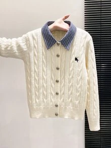 GlowEve CURVE New Arrival Plus-Size Women's Autumn & Winter Knit Cardigan, 2 In 1 Design With 3D Twisted Rope Texture And Off-White Plaid Collar, Preppy Sty - Beige - View 1
